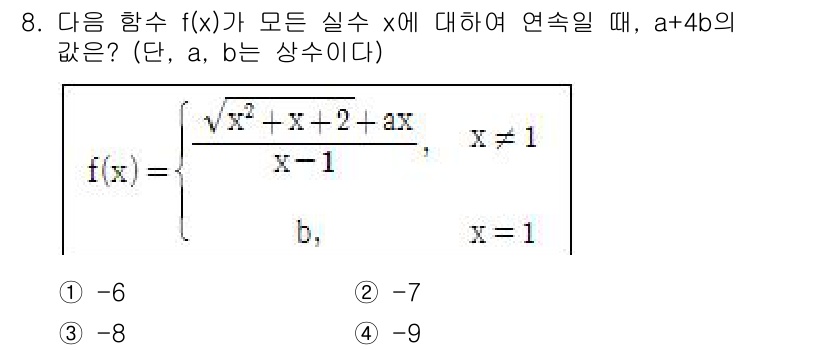 9급_국가직_공무원_수학 2019년 8번 - 주어진 함수 \( f(x) \)가 \( x=1 \)에서 연속하려면 \( ... 에 관한 핵심 기출문제