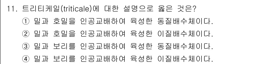 9급_국가직_공무원_식용작물 2016년 11번 - 트리티케일(triticale)은 밀과 호밀을 교배하여 육성한 작물로, 밀... 에 관한 핵심 기출문제