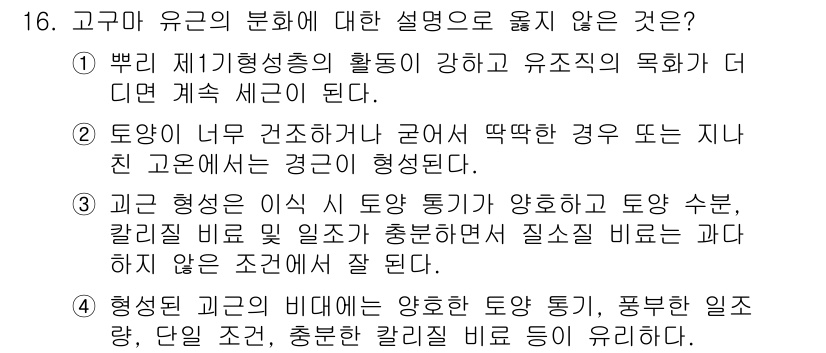 9급_국가직_공무원_식용작물 2017년 16번 - 고구마 유의 분화에 대한 설명 중에서 “3. 고구마 형성이 이식 시 토양... 에 관한 핵심 기출문제