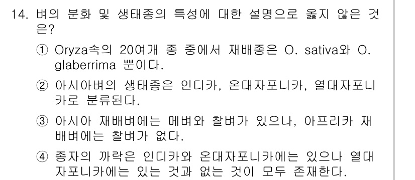 9급_국가직_공무원_식용작물 2018년 14번 - 정답 4번은 "아프리카 재배버전은 찰버전이 없다."는 내용이 잘못된 설명... 에 관한 핵심 기출문제