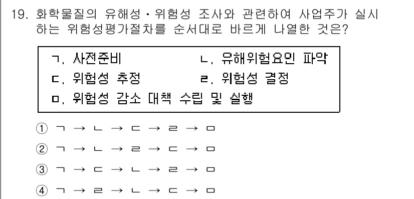 9급_국가직_공무원_안전관리론 2017년 20번 - 화학물질의 유해성을 조사하고 평가하기 위한 과정에서는 먼저 위험성 평가를... 에 관한 핵심 기출문제