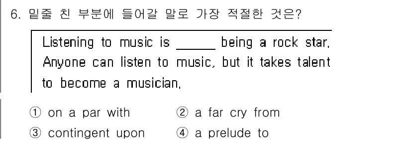 9급_국가직_공무원_영어 2018년 6번 - 정답은 5번 "a prelude to"입니다. "Listening to ... 에 관한 핵심 기출문제