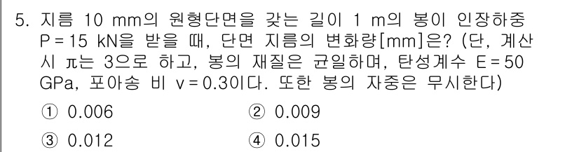 9급_국가직_공무원_응용역학개론 2015년 5번 - 주어진 문제에서 잔변길이 변화를 구하기 위해 후크의 법칙을 적용합니다. ... 에 관한 핵심 기출문제