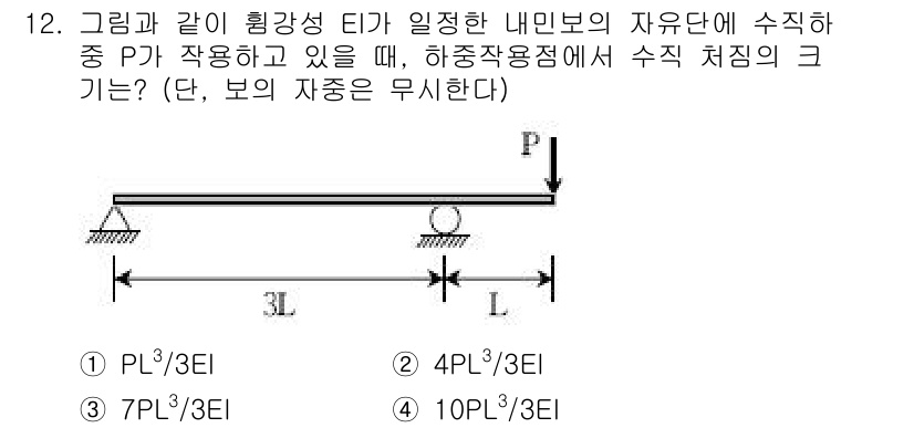 9급_국가직_공무원_응용역학개론 2017년 12번 - 문제에서 주어진 강성티의 자유단에 수직하중이 작용할 때, 해당 하중이 중... 에 관한 핵심 기출문제