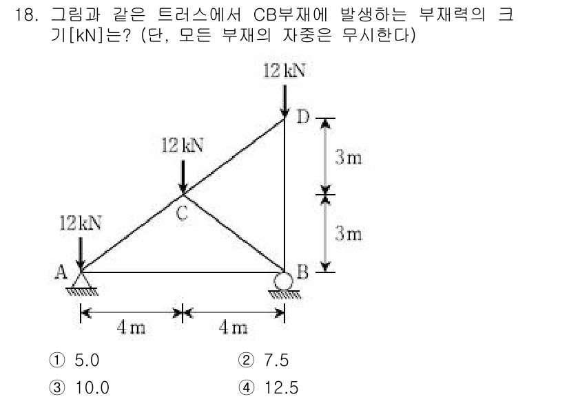 9급_국가직_공무원_응용역학개론 2018년 18번 - BC 부재에 발생하는 힘을 계산하기 위해 삼각형의 비율을 사용합니다. 주... 에 관한 핵심 기출문제