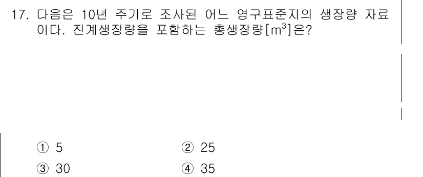 9급_국가직_공무원_임업경영 2015년 17번 - 정답은 2번(25)입니다. 영구표준지의 생장량은 일반적으로 평균 생장량을... 에 관한 핵심 기출문제