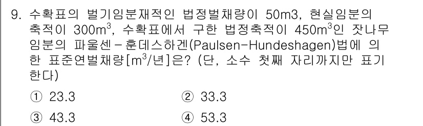 9급_국가직_공무원_임업경영 2015년 9번 - 문제에서 주어진 정보를 바탕으로 법정별재적량과 수확량을 비교할 때, 수확... 에 관한 핵심 기출문제