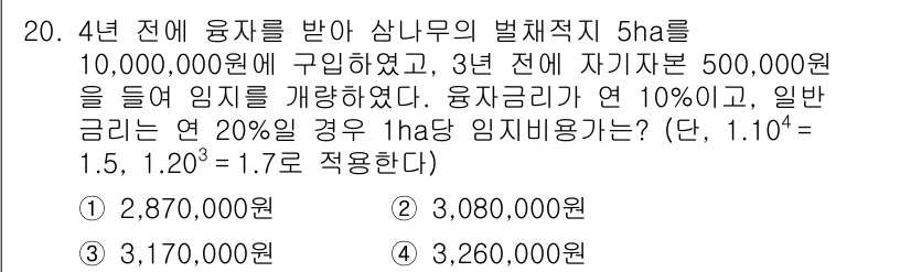 9급_국가직_공무원_임업경영 2016년 20번 - 문제에서 주어진 조건을 바탕으로 5ha에 대한 4년 전 임대료를 계산하면... 에 관한 핵심 기출문제