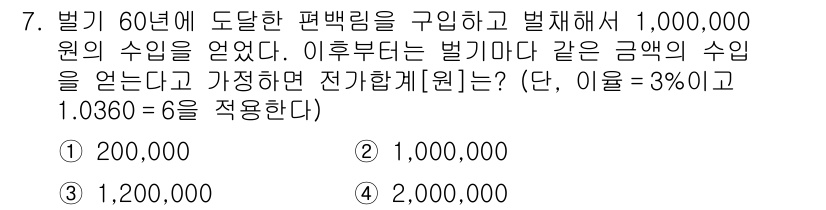 9급_국가직_공무원_임업경영 2018년 7번 - 문제에서 언급된 수익 1,000,000원에 대해 매년 3%의 수익률이 적... 에 관한 핵심 기출문제