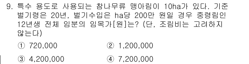 9급_국가직_공무원_임업경영 2018년 9번 - 문제에서 주어진 조건에 따라 10ha의 면적에 대해 20년 기준의 벌기량... 에 관한 핵심 기출문제