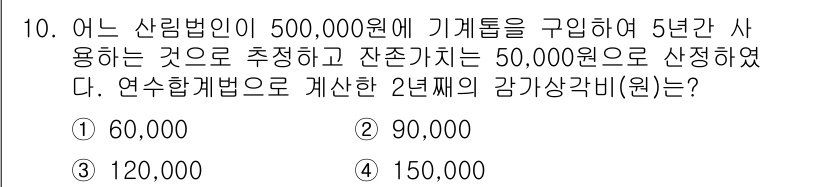 9급_국가직_공무원_임업경영 2019년 10번 - 연수합계법에서 감가상각비는 자산의 취득가액을 사용 가능한 연수로 나누어 ... 에 관한 핵심 기출문제