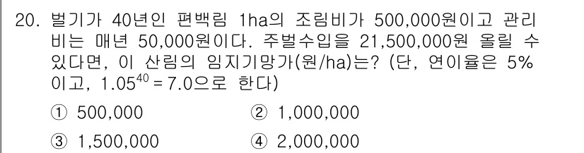 9급_국가직_공무원_임업경영 2019년 20번 - 이 문제는 임야의 조림비와 관리비를 고려하여 연간 임지 수익을 계산하는 ... 에 관한 핵심 기출문제
