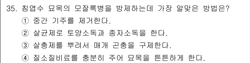 산림산업기사(구60문항) 2019년 35번 - 정답 2번입니다. 침엽수 모잘록병 예방에는 살균제로 톱소독과 종자소독을 ... 에 관한 핵심 기출문제