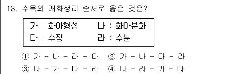 산림산업기사 2019년 13번 - 수목의 생리적 과정에서의 순서는 '가'인 화마별성, '나'인 화마분화, ... 에 관한 핵심 기출문제