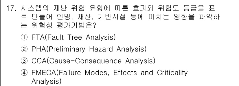 9급_국가직_공무원_재난관리론 2017년 17번 - FMECA는 시스템의 잠재적 고장 모드와 그 영향, 심각도를 분석하여 재... 에 관한 핵심 기출문제