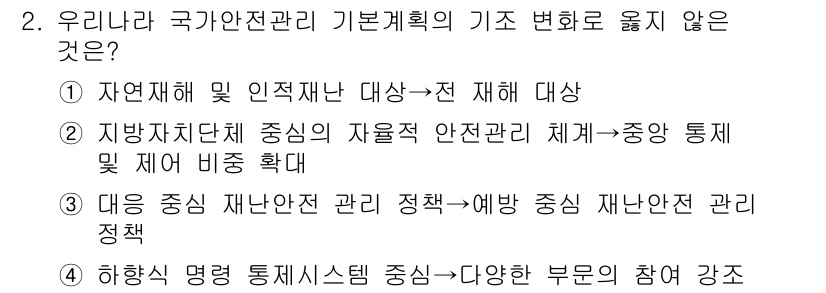 9급_국가직_공무원_재난관리론 2017년 2번 - 문항에서 제시된 선택지 중 2번은 지방자치단체 중심의 자율적 안전 관리 ... 에 관한 핵심 기출문제