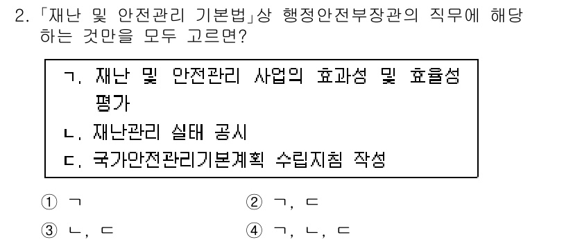 9급_국가직_공무원_재난관리론 2019년 2번 - . 

재난 및 안전관리 기본법에 따르면 행정안전부장관은 재난 관리의 효... 에 관한 핵심 기출문제