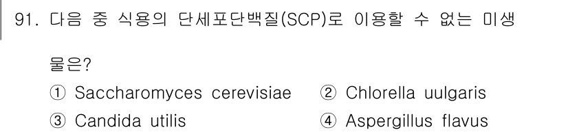 식품안전기사 2019년 91번 - 정답은 4번, Aspergillus flavus입니다. 이 미생물은 독성... 에 관한 핵심 기출문제