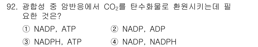 식품안전기사 2019년 92번 - 광합성에서 CO2를 탄소 고정하기 위해서는 ATP와 ADP의 에너지가 필... 에 관한 핵심 기출문제
