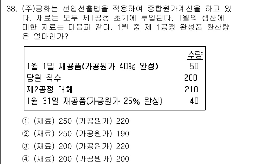 전산회계운용사_2급 2015년 36번 - 1월 중 재공품의 완성환산량은 첫 번째 공정에서 40%가 완료된 재공품 ... 에 관한 핵심 기출문제