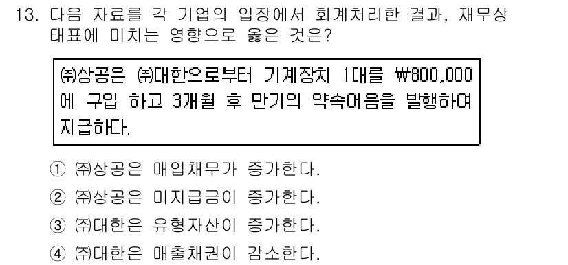 전산회계운용사_2급 2016년 13번 - . 

정답인 이유는 차입금에 따른 이자 비용이 발생하여 재무상태표의 총... 에 관한 핵심 기출문제