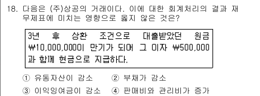 전산회계운용사_2급 2017년 18번 - 정답 5번인 "판매비와 관리비가 증가"는 회계처리의 결과로 재무제표에 직... 에 관한 핵심 기출문제