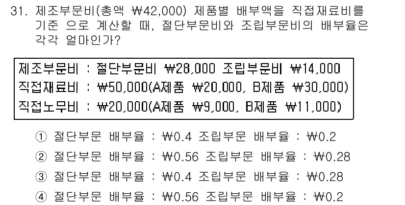 전산회계운용사_2급 2017년 30번 - 제품부문 배부액은 직접재료비를 기준으로 하여, 절단부문과 조립부문의 비율... 에 관한 핵심 기출문제
