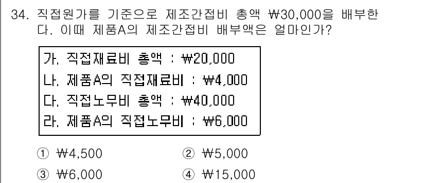 전산회계운용사_2급 2017년 33번 - 정답은 1. ₩4,500입니다. 제품의 총 비용 ₩30,000에서 직접원... 에 관한 핵심 기출문제