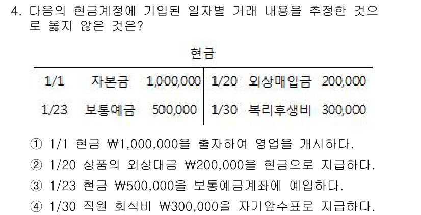 전산회계운용사_2급 2017년 4번 - 주어진 현금계정의 거래 내역에서 1/20의 외상매출금 변동은 현금과의 관... 에 관한 핵심 기출문제