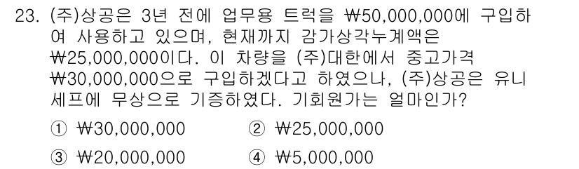 전산회계운용사_2급 2019년 23번 - 정가액에서 감가상각 누계액을 차감한 장부가액이 차량의 구입가와 일치하여,... 에 관한 핵심 기출문제