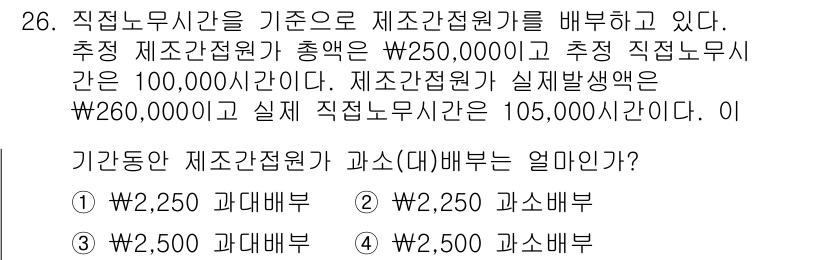 전산회계운용사_2급 2019년 26번 - 제시된 자료에 따르면, 추정 제조간접비가 $250,000이고 실제는 $2... 에 관한 핵심 기출문제