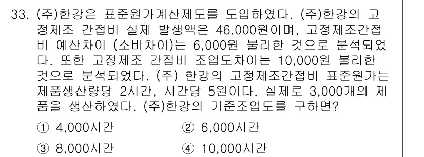 전산회계운용사_1급 2015년 32번 - 주어진 문제에서 (주)한강의 고정비 간접비는 6,000원이므로 이는 제품... 에 관한 핵심 기출문제