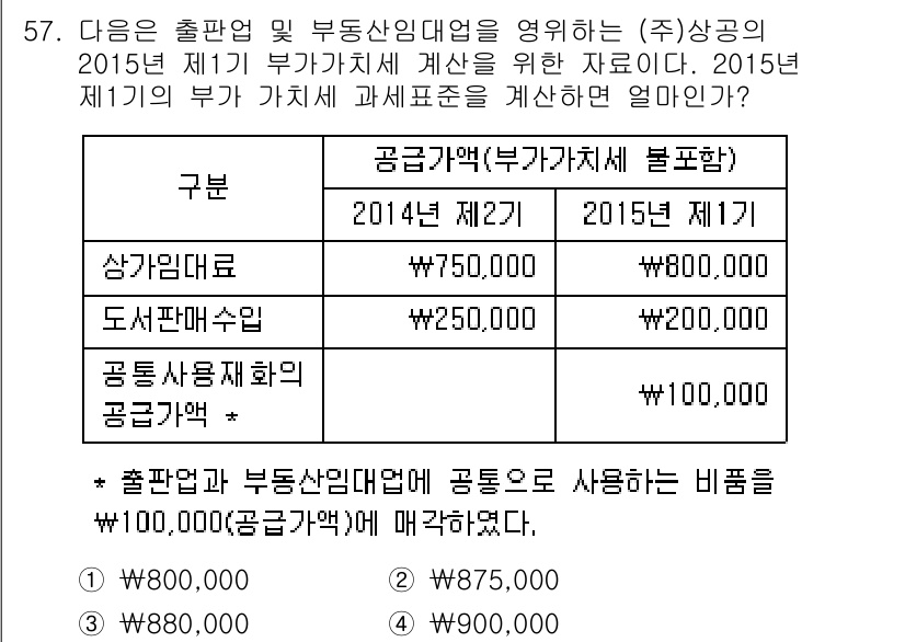 전산회계운용사_1급 2015년 56번 - 2015년 제1기 부가가치 과세표준을 계산할 때, 상가임대료와 도소매업의... 에 관한 핵심 기출문제
