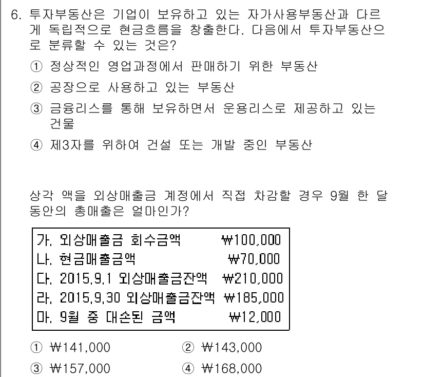 전산회계운용사_1급 2015년 6번 - 해설: 투자 유형 자산은 기업이 소유하며 매각을 목적으로 하지 않는 자산... 에 관한 핵심 기출문제