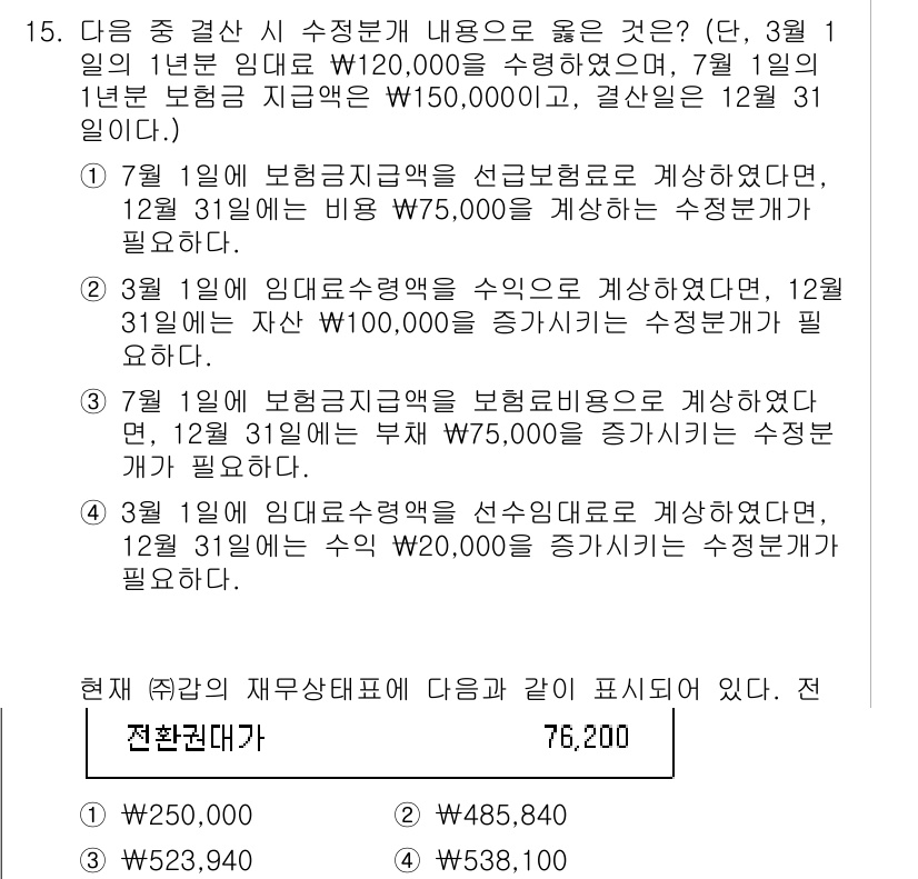 전산회계운용사_1급 2016년 14번 - 3월 1일 임대료를 조정함으로써 보증금 수익이 20,000원이 증가되어 ... 에 관한 핵심 기출문제