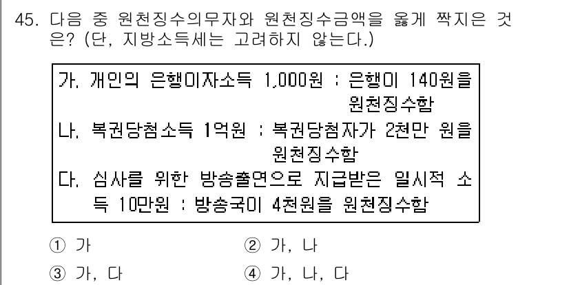 전산회계운용사_1급 2016년 41번 - 심사위원 보수로 지급받는 일시수익 10만 원은 원천징수 대상에 해당하며,... 에 관한 핵심 기출문제