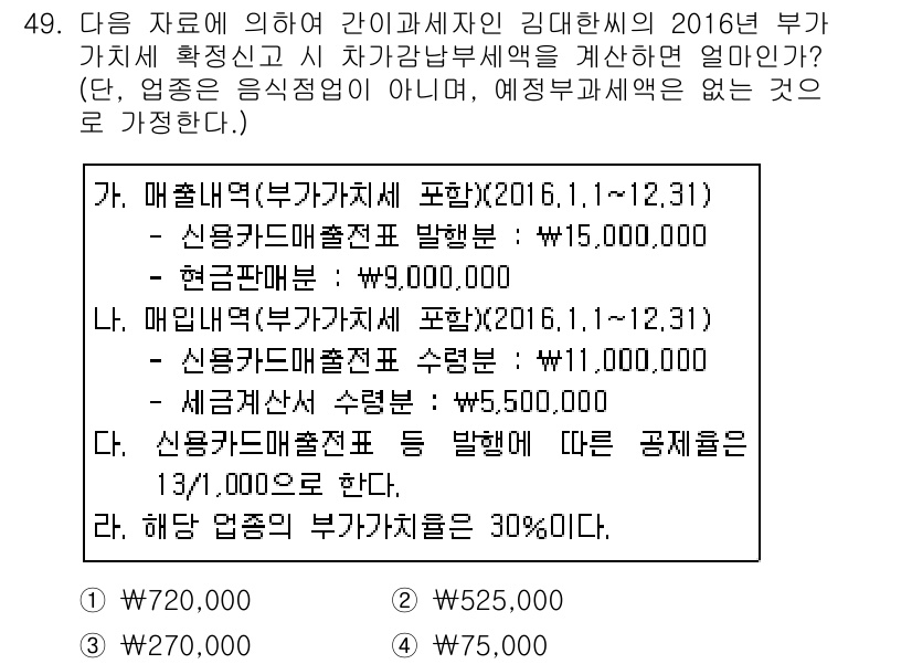 전산회계운용사_1급 2016년 45번 - 2016년 부가가치세 확대신고에 따른 매출액은 신용카드 매출전표와 현금매... 에 관한 핵심 기출문제