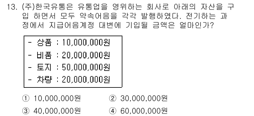 전산회계운용사_1급 2017년 13번 - 문제에서 기재된 자산의 총합을 계산해야 합니다. 각 항목의 금액을 합산하... 에 관한 핵심 기출문제