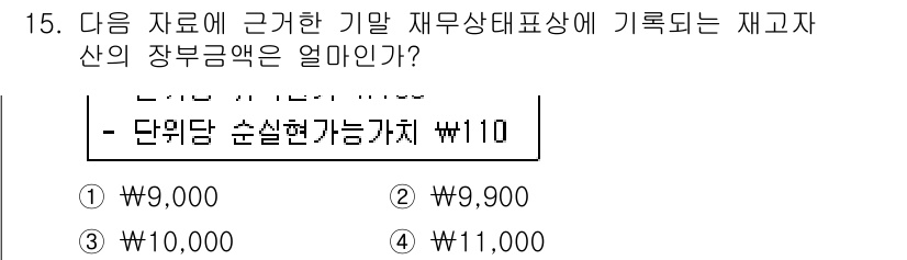 전산회계운용사_1급 2017년 15번 - 정답은 ① 9,900원입니다. 여기에 기재된 단위당 손실평가가치가 장부금... 에 관한 핵심 기출문제