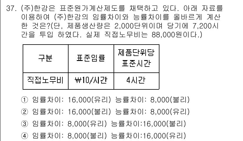 전산회계운용사_1급 2017년 37번 - 직접노무비는 품목 A와 B의 임금과 능력치를 곱하여 계산한다. 품목 A의... 에 관한 핵심 기출문제