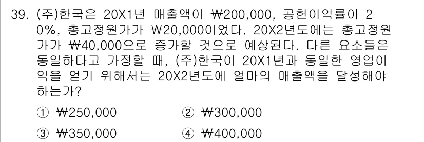 전산회계운용사_1급 2017년 39번 - (주)한국은 20X1년 매출액이 200,000원이었고, 인건비와 총고정비... 에 관한 핵심 기출문제