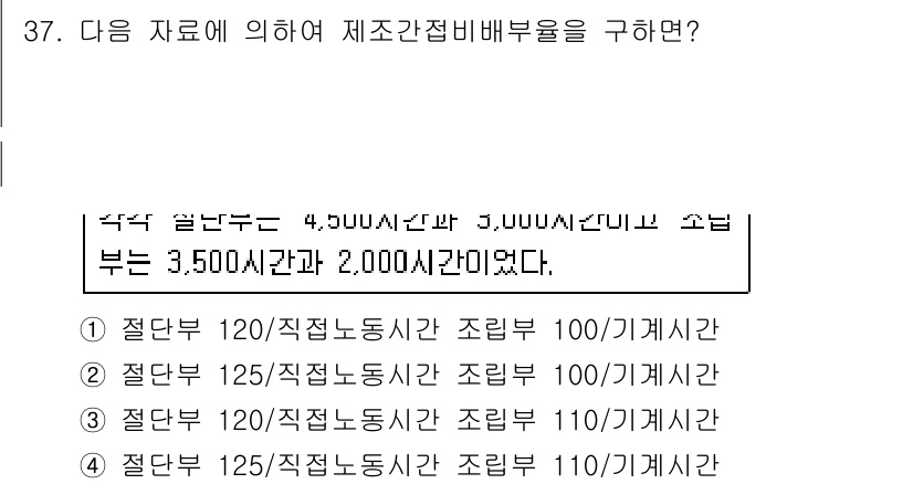 전산회계운용사_1급 2018년 35번 - 정답은 (1) 절단부 120/직접노동시간 조립부 110/기계시간이다. 이... 에 관한 핵심 기출문제