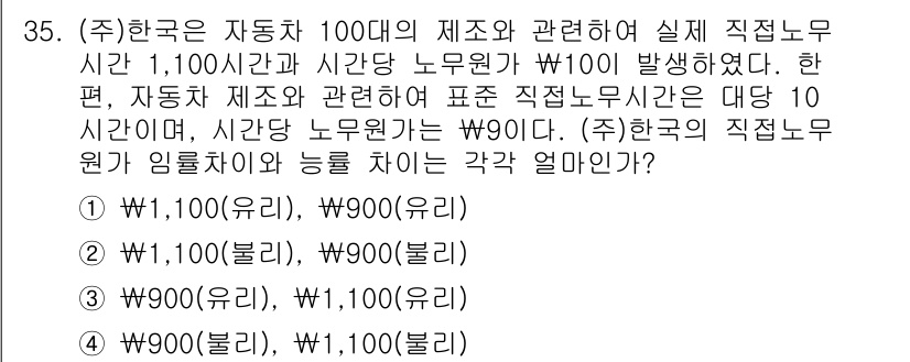 전산회계운용사_1급 2019년 35번 - 주어진 정보에 따르면, 자동차 100대의 제조에 1,100시간의 실제 직... 에 관한 핵심 기출문제