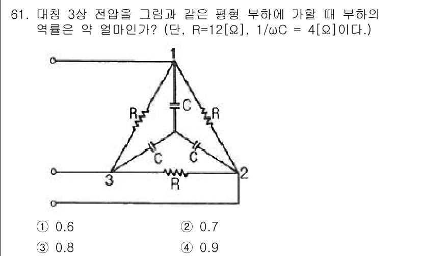 전기공사산업기사 2018년 61번 - 이 문제는 대칭 3상 전압의 균형을 이용한 부하의 역률을 구하는 문제입니... 에 관한 핵심 기출문제