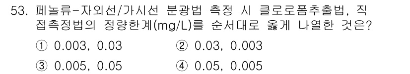 수질환경산업기사 2019년 53번 - 패널루프 자외선/가시선 분광법에서 직접접촉법의 정량체는 시료의 농도를 순... 에 관한 핵심 기출문제