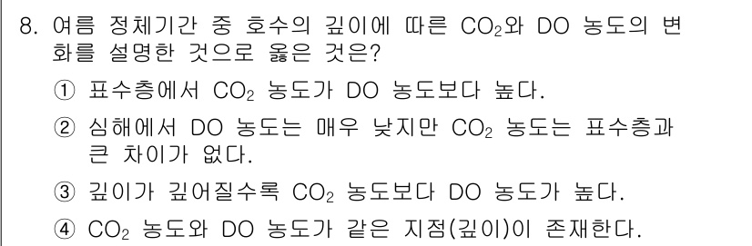 수질환경산업기사 2019년 8번 - 표층에서는 광합성이 활발하게 일어나 CO₂ 농도가 낮아지며, 이로 인해 ... 에 관한 핵심 기출문제