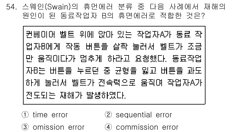 인간공학기사 2019년 54번 - . 커밋 오류는 사용자가 버튼을 누를 때 발생하는 오류로, 작업자가 의도... 에 관한 핵심 기출문제