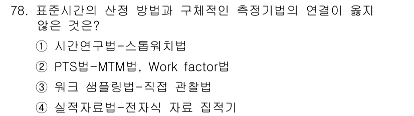 인간공학기사 2019년 78번 - 4. 실시 자료법-전자식 자료 집적기법은 표준시간의 산정 방법과는 관련이... 에 관한 핵심 기출문제