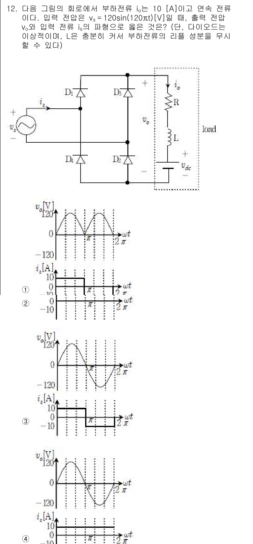 9급_국가직_공무원_전기기기 2016년 12번 - 주어진 회로에서 부하 전류와 전압의 파형을 분석하면, 전압 \( V_{D... 에 관한 핵심 기출문제