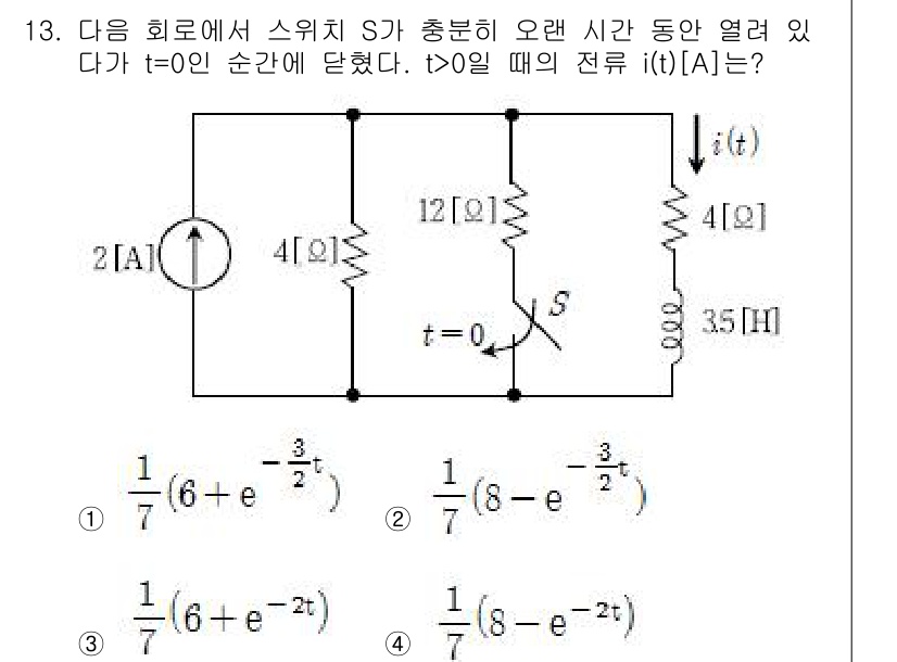 9급_국가직_공무원_전기이론 2015년 13번 - 주어진 회로에서 스위치 S가 열렸을 때의 초기 전류를 분석합니다. t=0... 에 관한 핵심 기출문제
